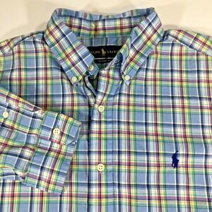 Polo Ralph Lauren Shirt Men Large Multicolor Madras Plaid Long Sleeve Blue Pony
